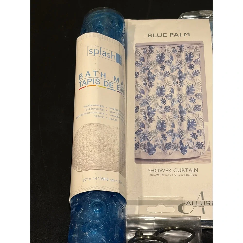 Allure Blue Palm Shower Curtain Splash Bath Mat and Hooks 3pc Bathroom Set NEW